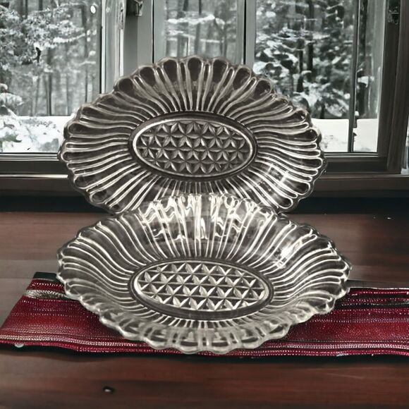2 Anchor Hocking Loop Diamond Glass Pickle Dish 5061 Bowl Set Clear Vintage MCM - Picture 1 of 16